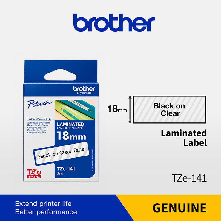 Genuine Brother TZe-141 Labelling Tape Cassette – Black on Clear, 18mm