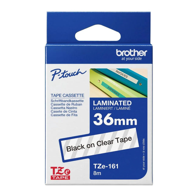Original Brother TZe-161 Labelling Tape Cassette, 36 mm (W) x 8 m (L), Laminated, - Black on Clear