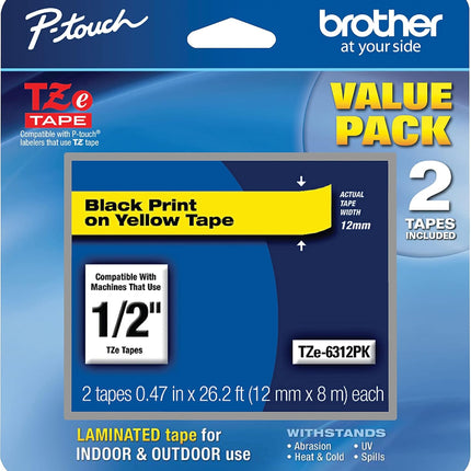 Genuine Brother P-Touch, Black on Yellow Tape ½” (12mm) Laminated P-Touch Tape, TZe-6312Pk 