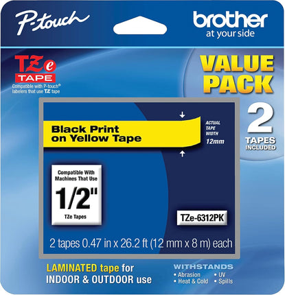 Genuine Brother P-Touch, Black on Yellow Tape ½” (12mm) Laminated P-Touch Tape, TZe-6312Pk 