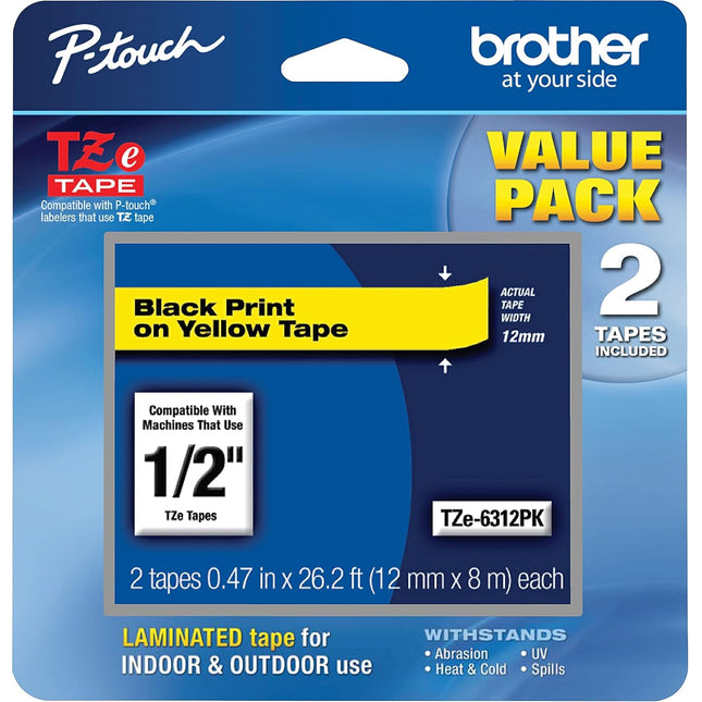 Genuine Brother P-Touch, Black on Yellow Tape ½” (12mm) Laminated P-Touch Tape, TZe-6312Pk 