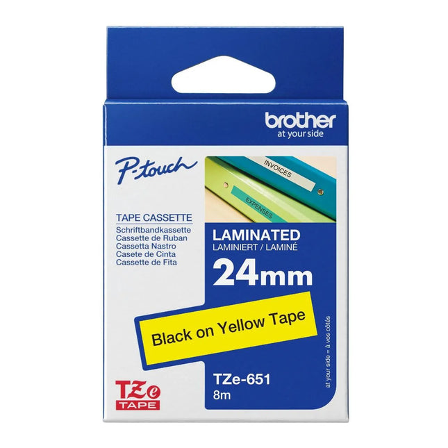 Genuine Brother P-Touch, TZe-651 Extra Strength Adhesive, Black on Yellow Tape 24mm x 8m