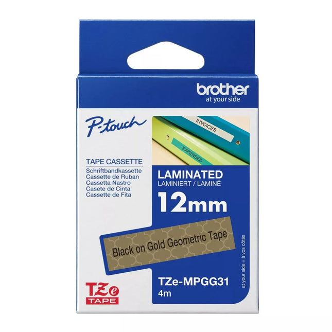 Original Brother TZe-MPGG31 Labelling Tape Cassette, Black on Gold Geometric, 12 mm (W) x 4 m (L)