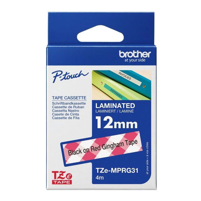 Original Brother P-Touch Embellish Black on Red Gingham Pattern Tape TZE-MPRG31– ~½” Wide x 13.1’ Long