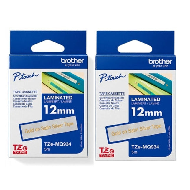 Original Brother TZe-MQ934 1/2 In. Gold on Satin Silver P-Touch Tape