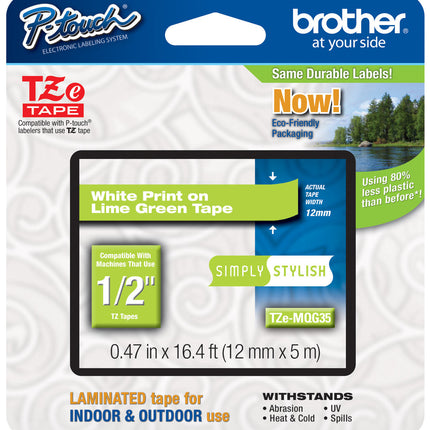 Original Brother TZe-MQG35 Labelling Tape Cassette 12mm (W) * 5m (L) White Print on Lime Green Tape-TZe-MQG35
