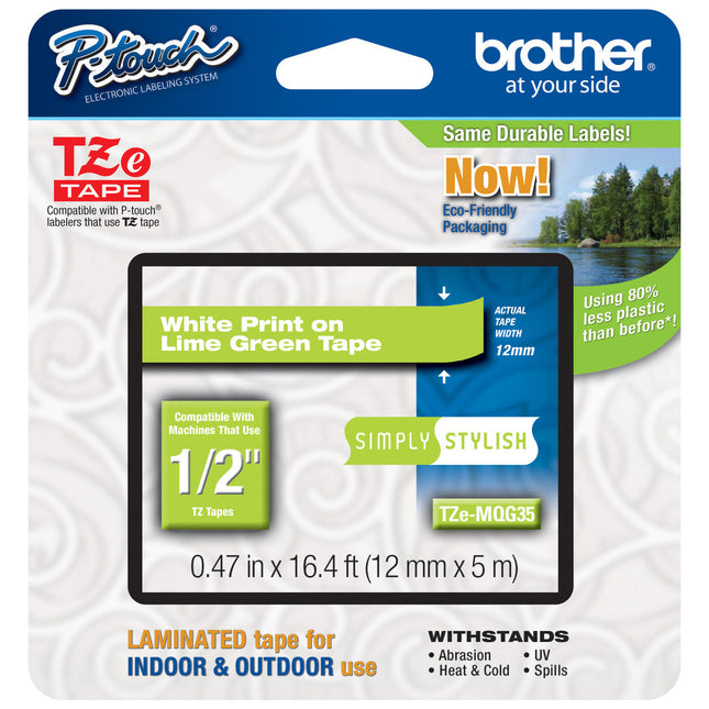 Original Brother TZe-MQG35 Labelling Tape Cassette 12mm (W) * 5m (L) White Print on Lime Green Tape-TZe-MQG35
