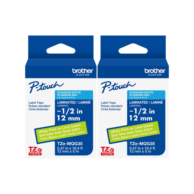 Original Brother TZe-MQG35M Labelling Tape Cassette, White on Lime Green, 12mm (W) x 5M (L)-2-Pack