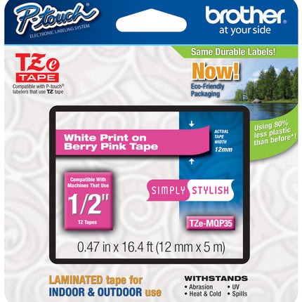 Original Brother TZe-MQP35 Labelling Tape Cassette 12mm (W) * 5m (L) White Print on Berry Pink Tape-TZe-MQP35