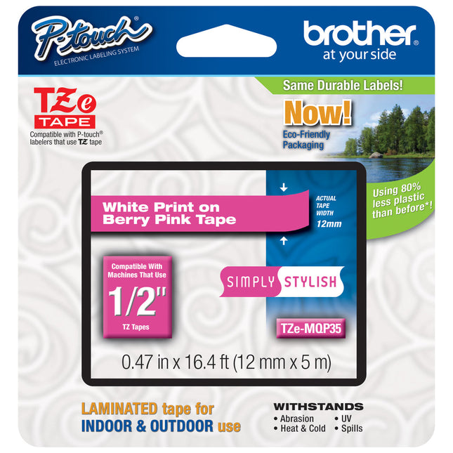 Original Brother TZe-MQP35 Labelling Tape Cassette 12mm (W) * 5m (L) White Print on Berry Pink Tape-TZe-MQP35