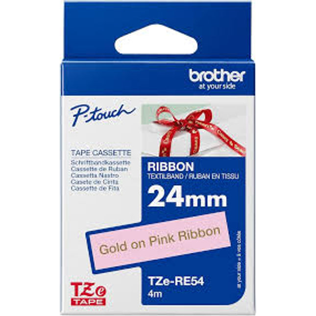 Original Brother textile tape TZe-RE54 gold on pink - 24 mm wide, 4 meters long (including for P-touch H200, H100LB/R, H105, E100/VP, D200/BW/VP, D210/VP, Cube, Cube Plus)