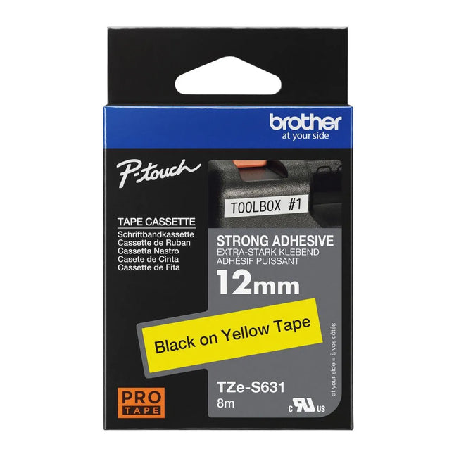 Genuine Brother P-Touch, Black on Yellow Extra Strength Adhesive Laminated Tape TZe-S631 0.47" (12mm) x 26.2ft (8m)