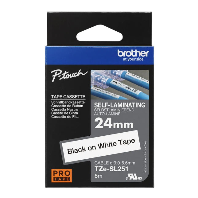 Genuine Brother TZe-SL251 Self Laminating Label Tape Black on White - 24mm Wide x 8m Long