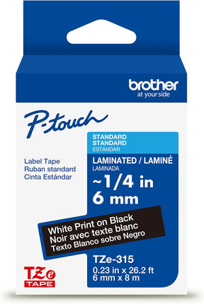 Genuine Brother P-Touch TZe White Print on Black Label Tape (TZe315), Laminated,1/4in x 26.2ft (6mm x 8m), for Select P-Touch Label