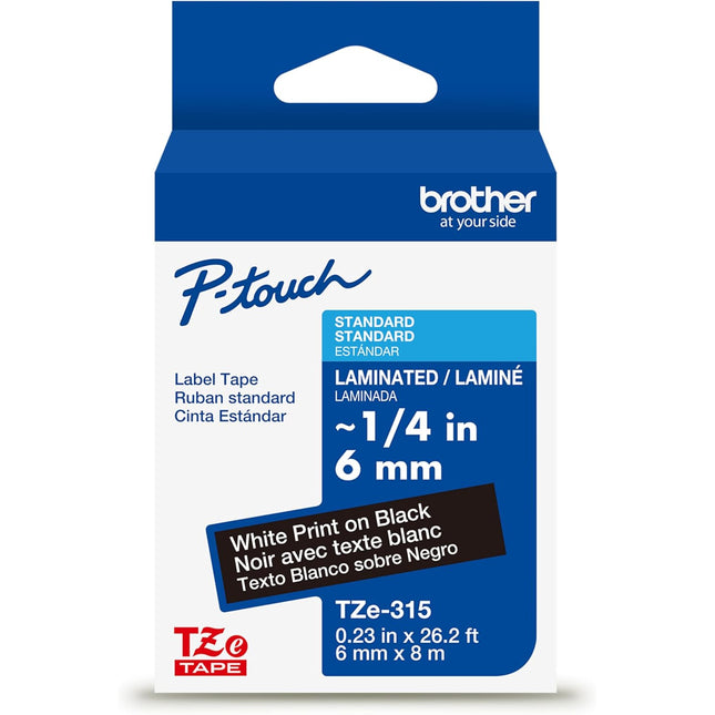 Genuine Brother P-Touch TZe White Print on Black Label Tape (TZe315), Laminated,1/4in x 26.2ft (6mm x 8m), for Select P-Touch Label