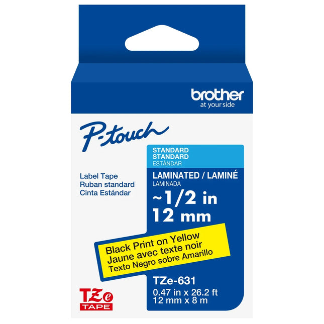 Genuine Brother P-Touch, Black on Yellow Tape ½” (12mm) Laminated P-Touch Tape, TZe-631