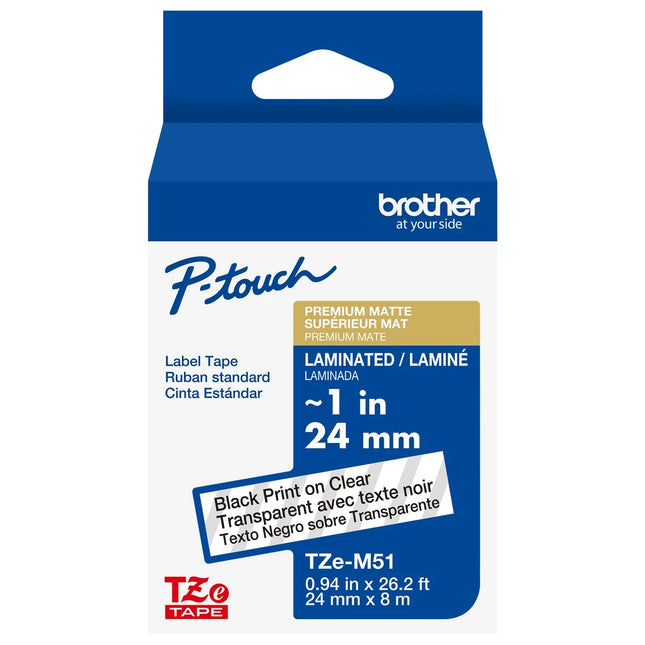 Original Brother P-touch TZe-M51 Black Print on Matte Clear Laminated Tape 24mm (0.94”) wide x 8m (26.2’) long