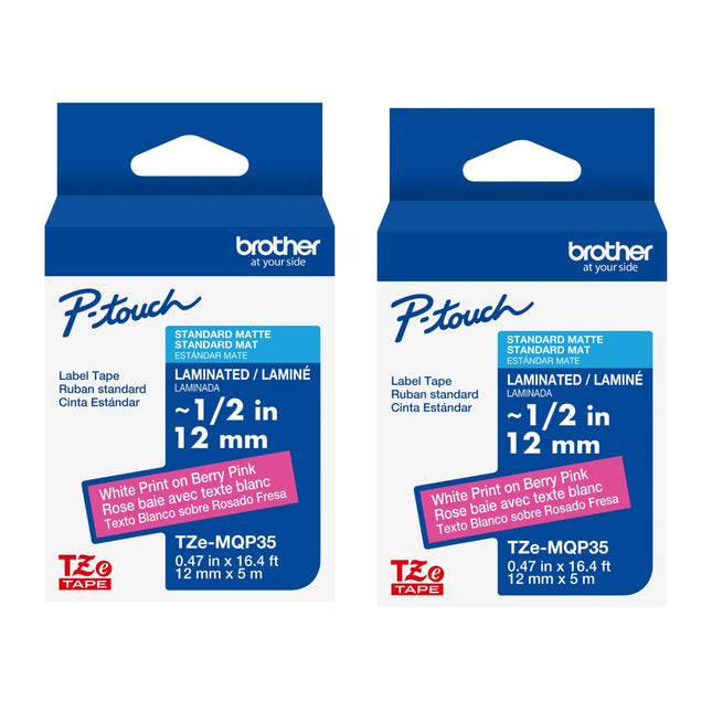 Original Brother P-Touch Embellish White Print on Berry Pink Tape TZE-MQP35M – ~1/2” Wide x 13.1’ Long (12mm x 4m)-2-Pack