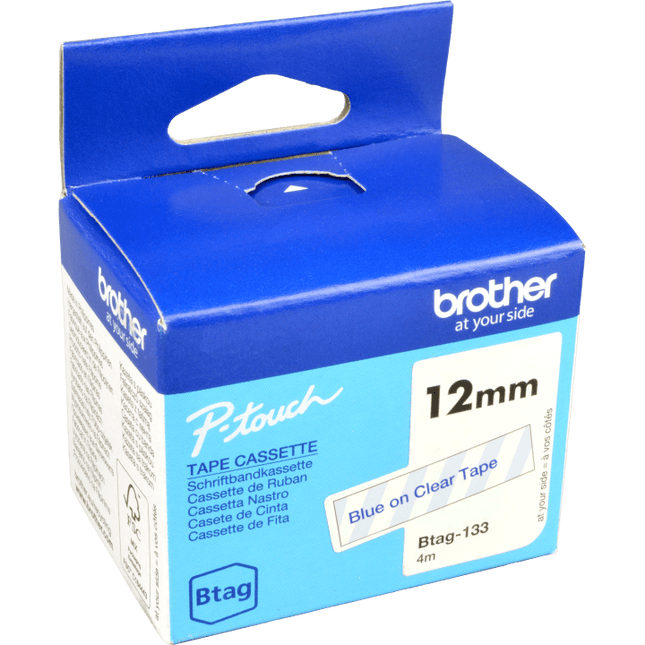 Genuine Brother BTAG133 Label Tape for P-touch Label Makers - Blue on Clear - 12 mm W x 4 m L