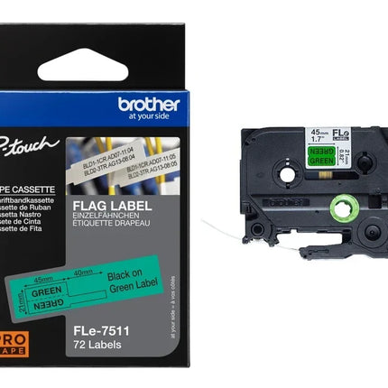 Original Brother FLe-7511 Labelling Tape Cassette, Flag Tape, Black on Green, 21 mm (W) x 45 mm (L), 72 Labels