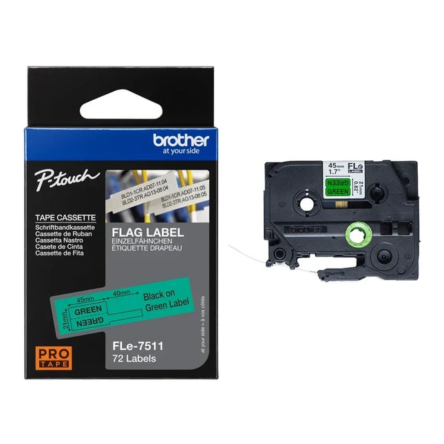 Original Brother FLe-7511 Labelling Tape Cassette, Flag Tape, Black on Green, 21 mm (W) x 45 mm (L), 72 Labels