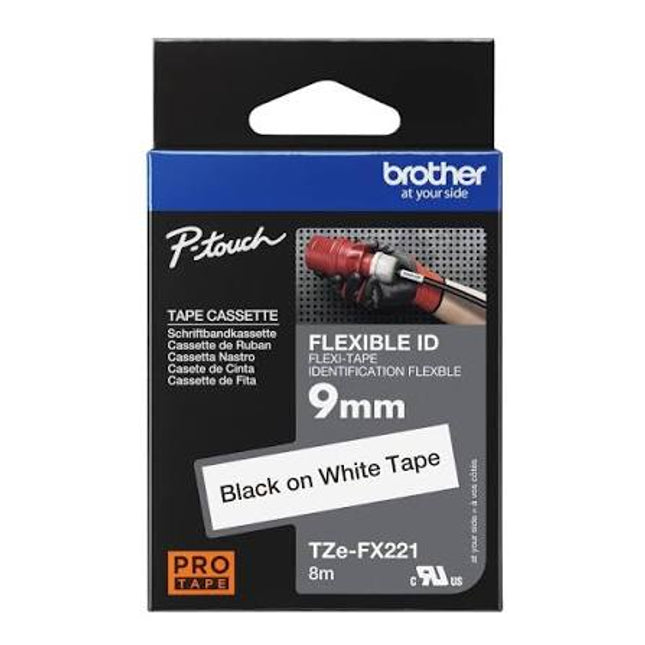 Genuine Brother TZe-FX221 Black on White Flexible ID Laminated Tape for P-touch Label Makers, 9 mm wide x 8 m long