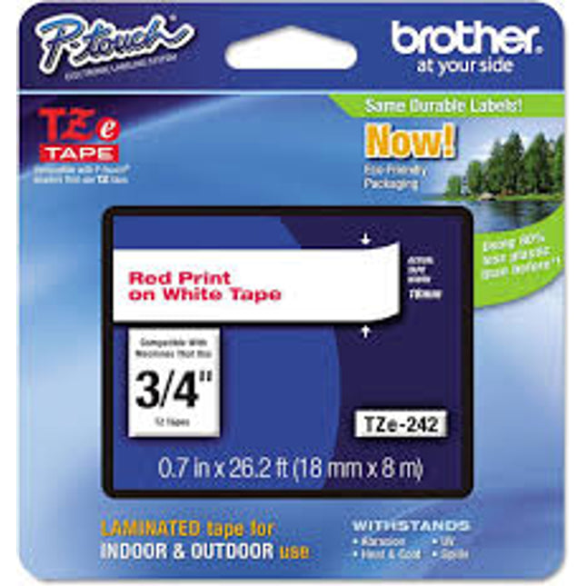 Genuine Brother P-Touch TZE-242 Tape, 3/4" (0.7 mm) Standard Laminated P-Touch Tape, Red on White, 26.2 ft (8 m)