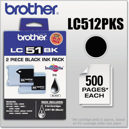 Brother LC51BK Standard Yield Black Ink Cartridge 2 PKS