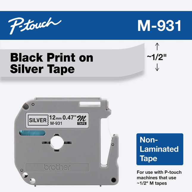 Genuine Brother P-Touch M-931 Tape, 1/2" (0.47") Wide Standard Non-Laminated Tape, Black on Silver, 0.47" x 26.2' (12mm x 8M)