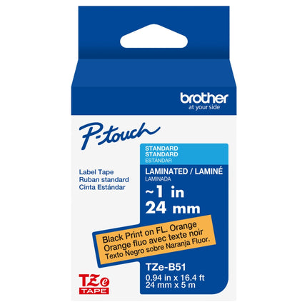 Genuine Brother P-Touch TZE-B51 Tape, 1" (0.94") Wide Standard, Black on Fluorescent Orange, Laminated Tape