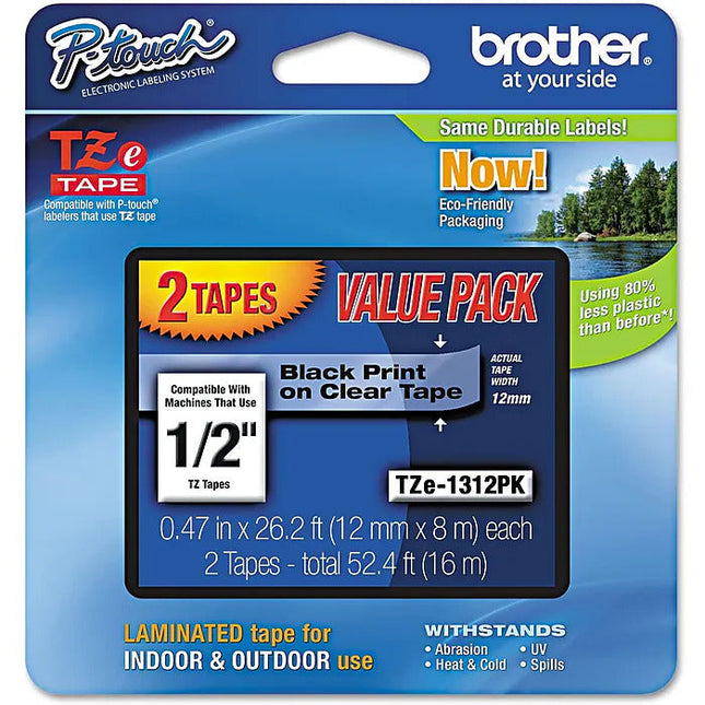 Original Brother P-touch TZe-131 Laminated Label Maker Tape, 1/2" x 26-2/10', Black on Clear, 2/Pack (TZe-1312PK)