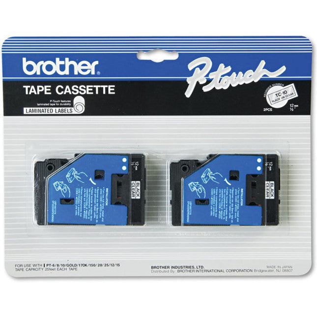 Original Brother TC-20 1/2 In. Standard Yield Black On White P-touch Tape, 2/Pack