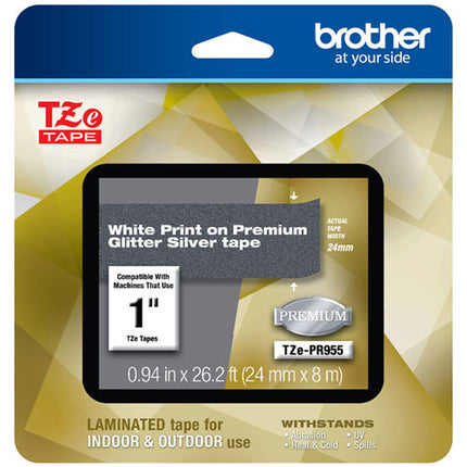 Original Brother TZe-PR955 P-Touch Premium Laminated Tape White Print on Glitter Silver