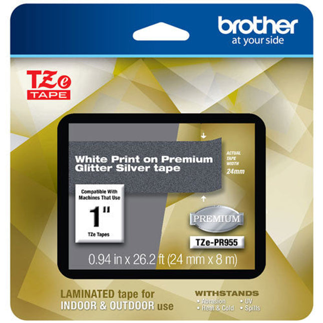 Original Brother TZe-PR955 P-Touch Premium Laminated Tape White Print on Glitter Silver