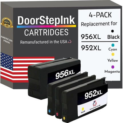 DoorStepInk Brand for HP 956XL 1 Black / 952XL 3 Color 4-pack Remanufactured in the USA Ink Cartridges